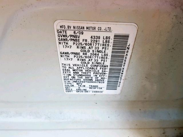 JN8AS58TX9W057928 - 2009 NISSAN ROGUE S WHITE photo 10