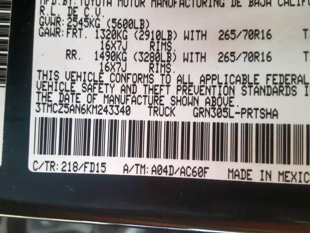 3TMCZ5AN6KM243340 - 2019 TOYOTA TACOMA DOUBLE CAB  照片 10