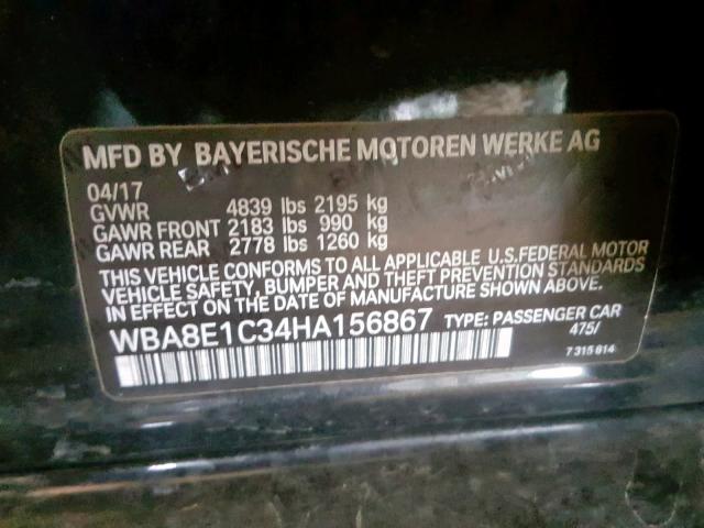 WBA8E1C34HA156867 - 2017 BMW 330E BLACK photo 10