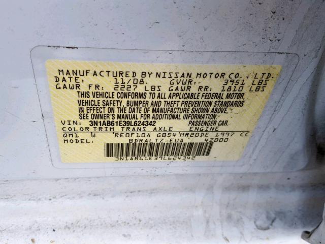 3N1AB61E39L624342 - 2009 NISSAN SENTRA 2.0 WHITE photo 10