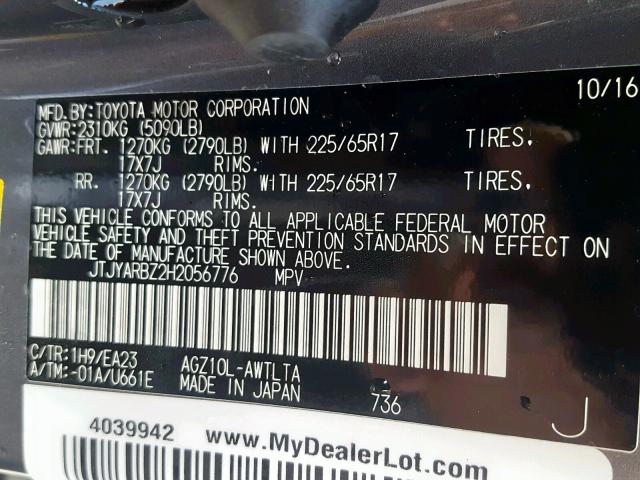 JTJYARBZ2H2056776 - 2017 LEXUS NX 200T GRAY photo 10