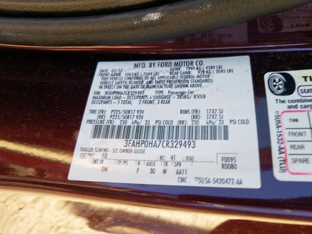 3FAHP0HA7CR329493 - 2012 FORD FUSION SE  photo 10