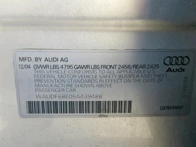 WAUDF68E05A439488 - 2005 AUDI A4 2.0T QU SILVER photo 10