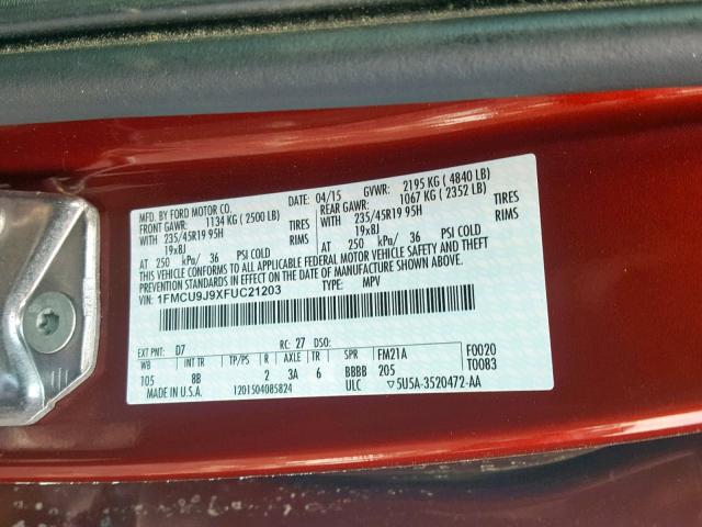 1FMCU9J9XFUC21203 - 2015 FORD ESCAPE TIT RED photo 10