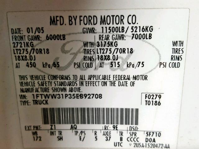 1FTWW31P35EB92708 - 2005 FORD F350 SRW S WHITE photo 10