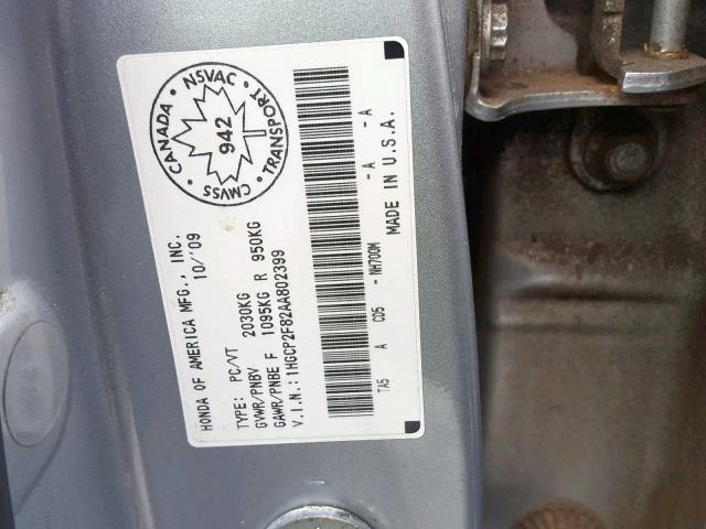 1HGCP2F82AA802399 - 2010 HONDA ACCORD EXL SILVER photo 10