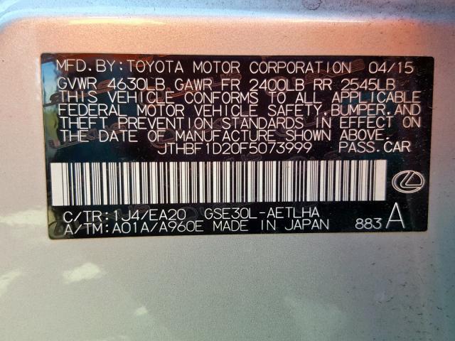 JTHBF1D20F5073999 - 2015 LEXUS IS 250 SILVER photo 10