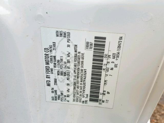 1FTYR10U57PA33241 - 2007 FORD RANGER WHITE photo 10