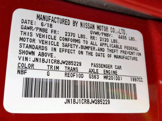 JN1BJ1CR8JW285229 - 2018 NISSAN ROGUE SPOR RED photo 10