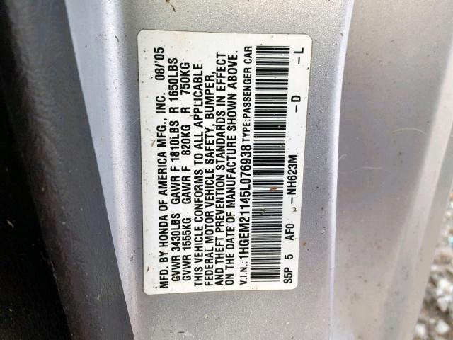 1HGEM21145L076938 - 2005 HONDA CIVIC DX V SILVER photo 10