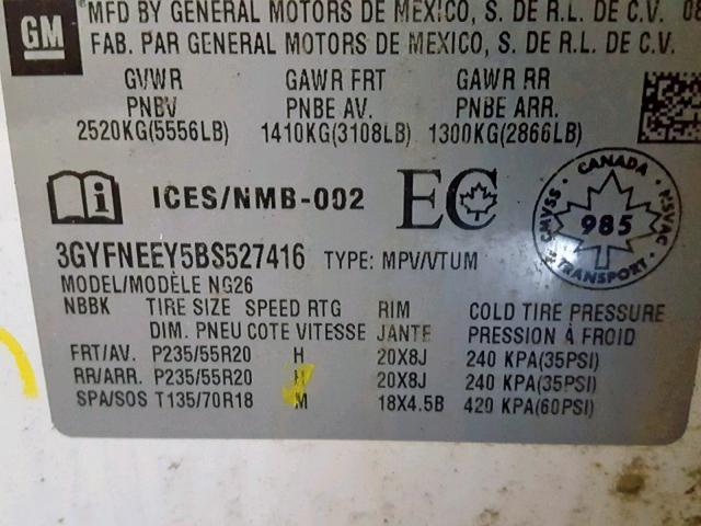 3GYFNEEY5BS527416 - 2011 CADILLAC SRX PERFOR Ağ foto 10