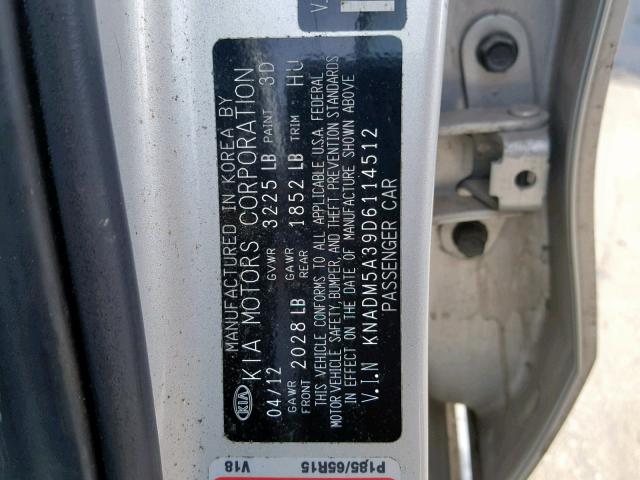 KNADM5A39D6114512 - 2013 KIA RIO LX SILVER photo 10