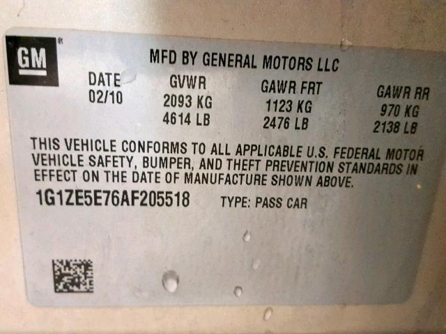 1G1ZE5E76AF205518 - 2010 CHEVROLET MALIBU LTZ ვერცხლისფერი ფოტო 10