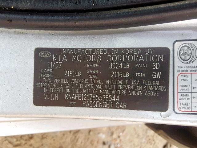 KNAFE121785536544 - 2008 KIA SPECTRA EX SILVER photo 10