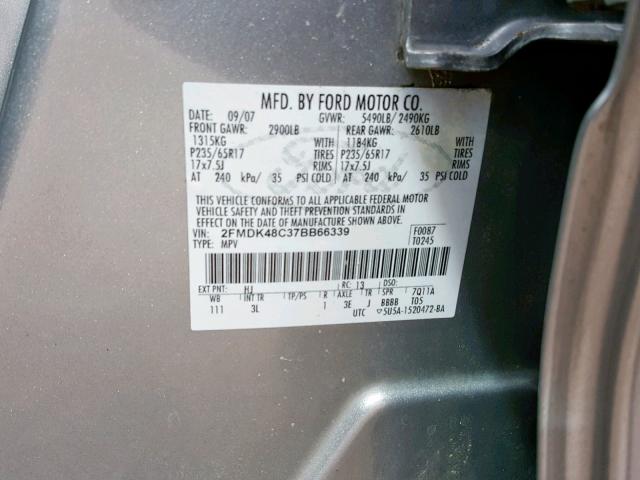 2FMDK48C37BB66339 - 2007 FORD EDGE SEL SILVER photo 10