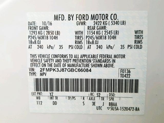 2FMPK3J87GBC66084 - 2016 FORD EDGE SEL WHITE photo 10