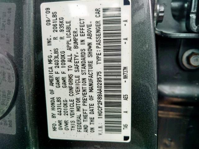 1HGCP2F89AA029575 - 2010 HONDA ACCORD EXL GRAY photo 10