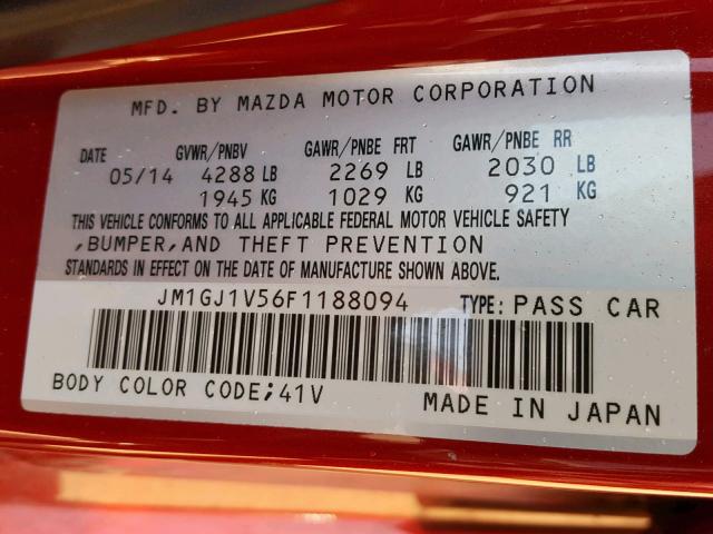 JM1GJ1V56F1188094 - 2015 MAZDA 6 TOURING RED photo 10