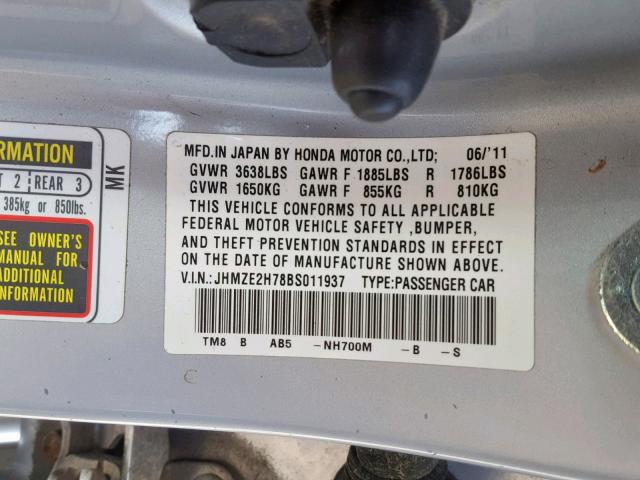 JHMZE2H78BS011937 - 2011 HONDA INSIGHT EX SILVER photo 10