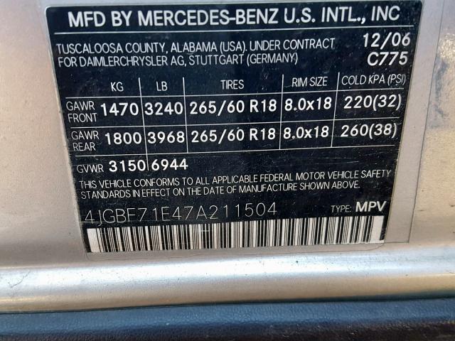 4JGBF71E47A211504 - 2007 MERCEDES-BENZ GL 450 4MA GRAY photo 10