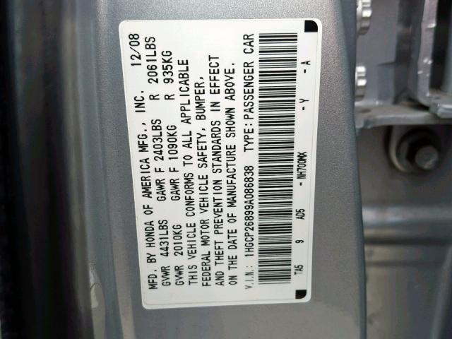 1HGCP26899A086838 - 2009 HONDA ACCORD EXL SILVER photo 10