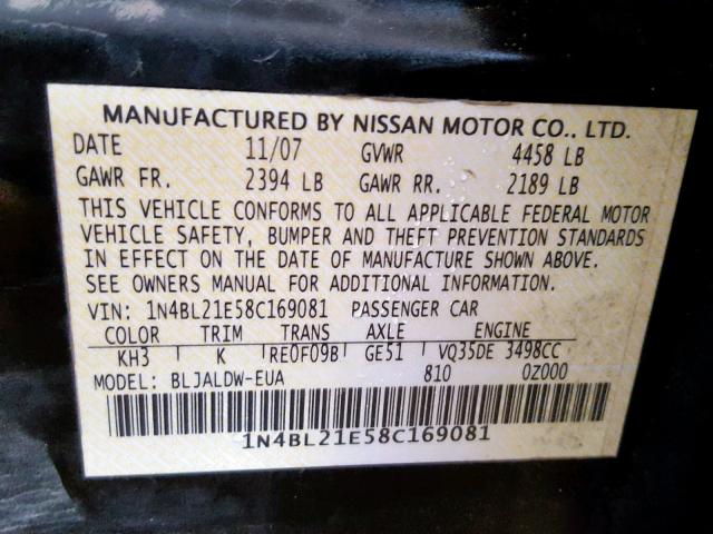 1N4BL21E58C169081 - 2008 NISSAN ALTIMA 3.5 BLACK photo 10