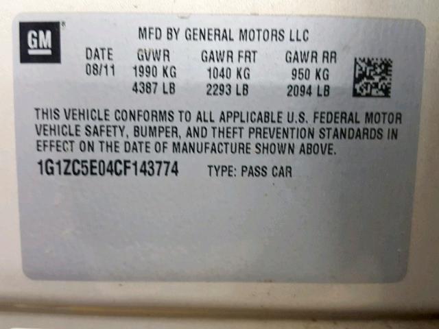 1G1ZC5E04CF143774 - 2012 CHEVROLET MALIBU 1LT 金色 照片 10