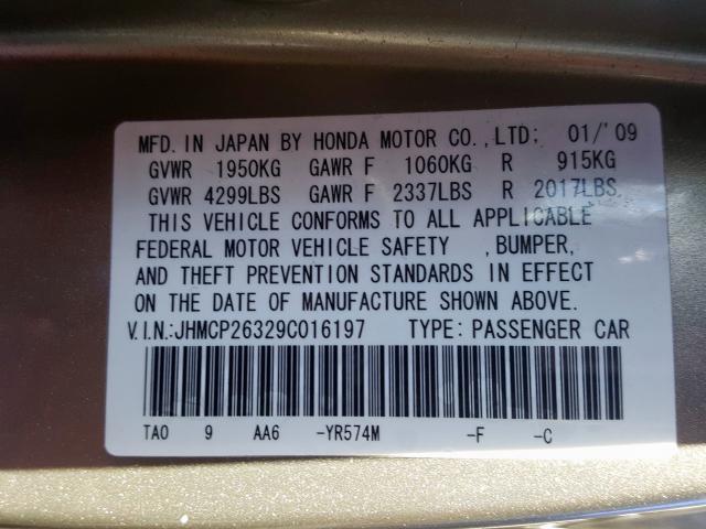 JHMCP26329C016197 - 2009 HONDA ACCORD LX  photo 10