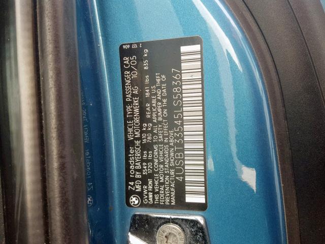 4USBT33545LS58367 - 2005 BMW Z4 2.5 BLUE photo 10