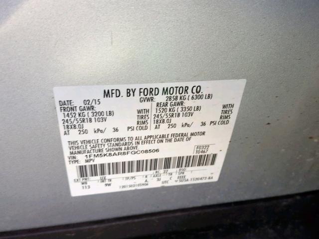 1FM5K8AR8FGC08506 - 2015 FORD EXPLORER P SILVER photo 10