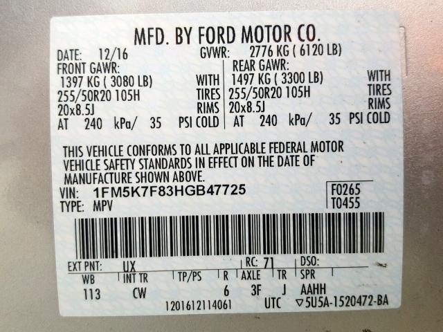 1FM5K7F83HGB47725 - 2017 FORD EXPLORER L SILVER photo 10