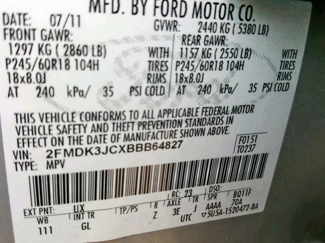 2FMDK3JCXBBB64827 - 2011 FORD EDGE SEL SILVER photo 10