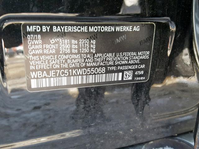 WBAJE7C51KWD55068 - 2019 BMW 540 XI BLACK photo 10