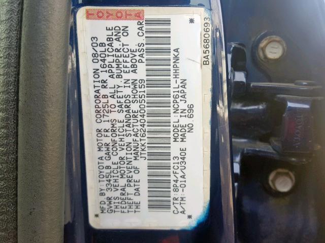 JTKKT624040055159 - 2004 TOYOTA SCION XA BLUE photo 10