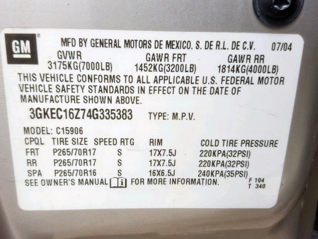 3GKEC16Z74G335383 - 2004 GMC YUKON XL C TAN photo 10