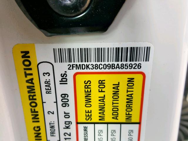 2FMDK38C09BA85926 - 2009 FORD EDGE SEL WHITE photo 10