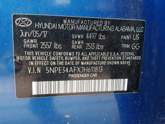 5NPE34AFXJH611813 - 2018 HYUNDAI SONATA SPO BLUE photo 10