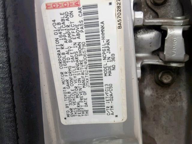 JTKKT624240065790 - 2004 TOYOTA SCION XA SILVER photo 10