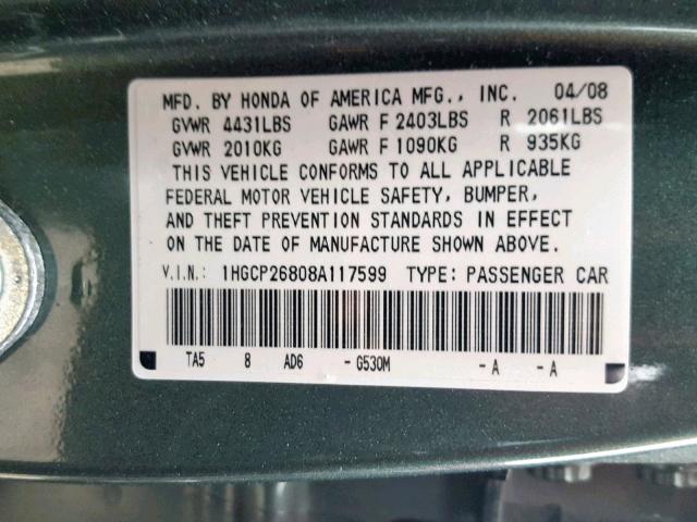 1HGCP26808A117599 - 2008 HONDA ACCORD EXL GREEN photo 10