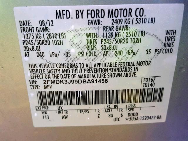 2FMDK3J99DBA91456 - 2013 FORD EDGE SEL SILVER photo 10