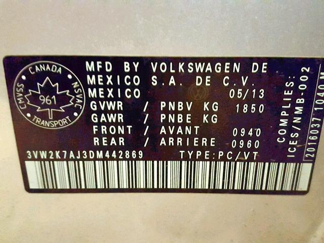 3VW2K7AJ3DM442869 - 2013 VOLKSWAGEN JETTA BASE GRAY photo 10