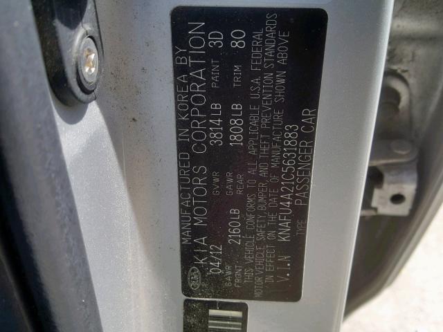 KNAFU4A21C5631883 - 2012 KIA FORTE EX SILVER photo 10