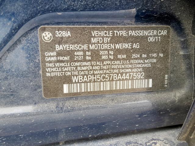 WBAPH5C57BA447592 - 2011 BMW 328 I SULE BLUE photo 10