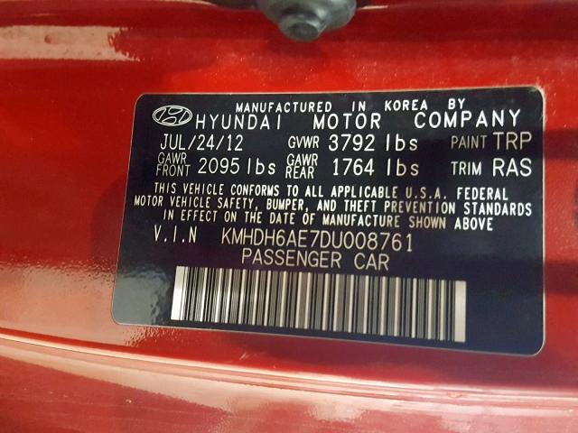 KMHDH6AE7DU008761 - 2013 HYUNDAI ELANTRA CO RED photo 10