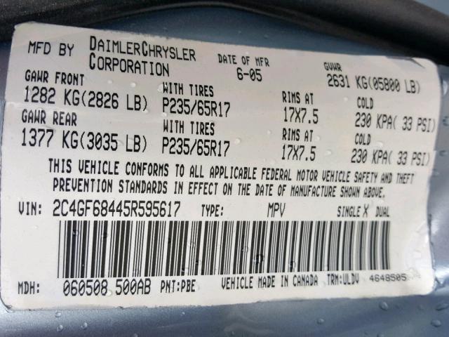 2C4GF68445R595617 - 2005 CHRYSLER PACIFICA T BLUE photo 10