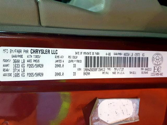 1A8HW58268F150412 - 2008 CHRYSLER ASPEN LIMI BURGUNDY photo 10