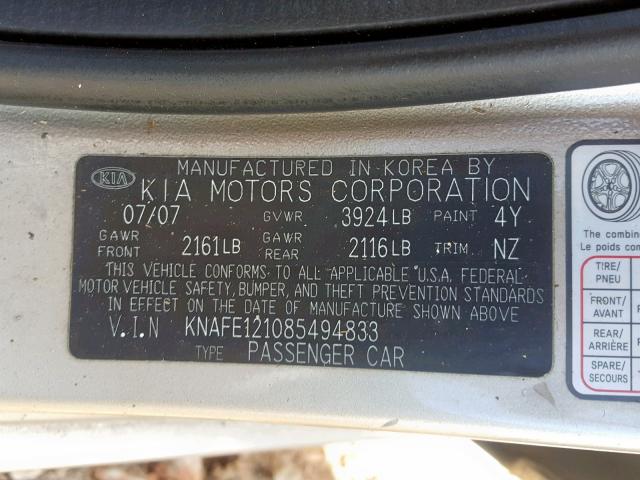 KNAFE121085494833 - 2008 KIA SPECTRA EX GOLD photo 10