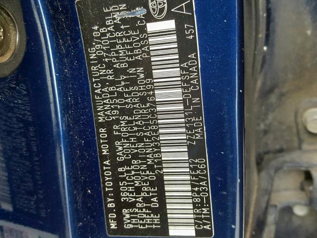 2T1BY32E85C376499 - 2005 TOYOTA COROLLA XR BLUE photo 10