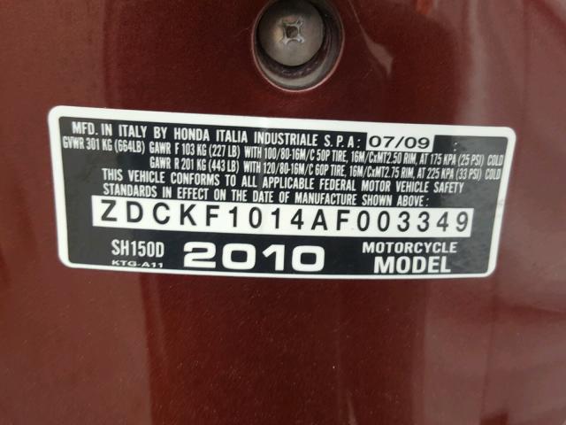 ZDCKF1014AF003349 - 2010 HONDA SH150 D MAROON photo 10