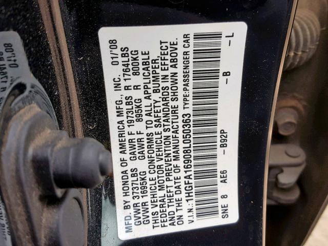 1HGFA16908L050363 - 2008 HONDA CIVIC EXL GRAY photo 10